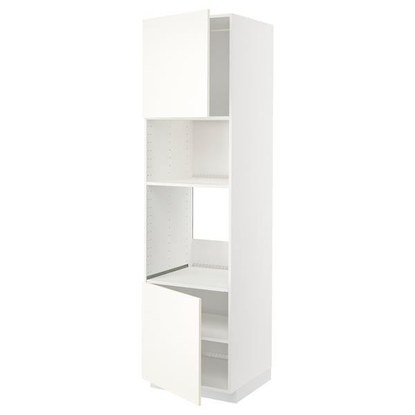 A white ikea METOD tall kitchen unit with adjustable shelves and open doors.