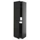 Tall black kitchen cabinet with two doors, sleek modern design, steel hinges, adjustable shelves.