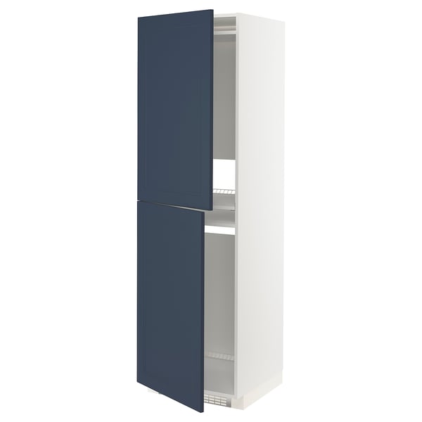 Tall white cabinet with two open blue doors. Modern design, adjustable shelves.