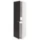 Black and white tall cabinet, modern design, two doors open showing shelves.