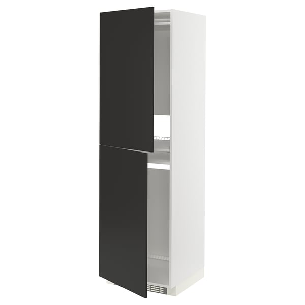 Black and white METOD kitchen cabinet, tall with two doors.