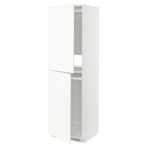 White METOD kitchen cabinet, tall, two doors, one open, adjustable shelves.