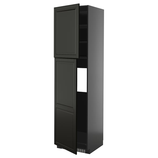 Black METOD cabinet, tall, sleek design with beveled edges, wood fiber and acrylic finish.