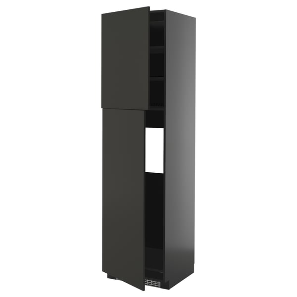 Dark kitchen cabinet: tall, modern, grey, sleek design with adjustable shelves.