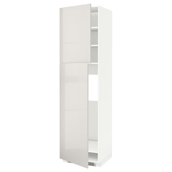 White METOD tall kitchen cabinet with high-gloss finish and adjustable shelves.