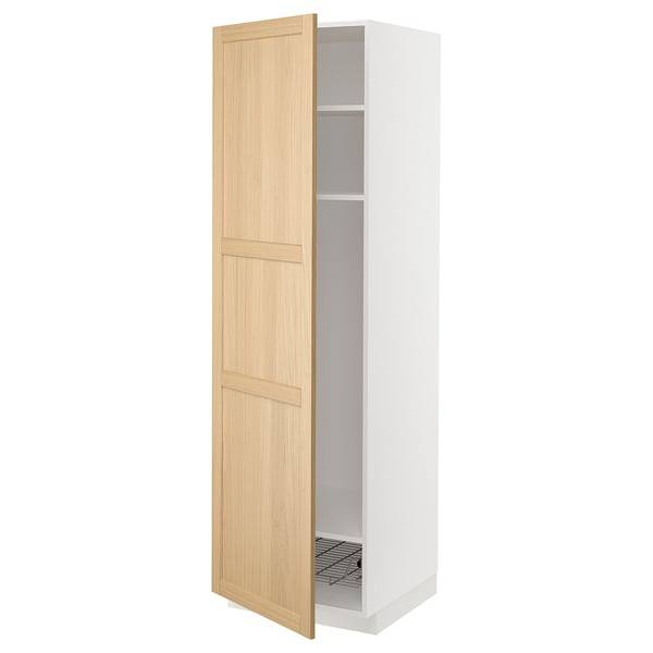 METOD white kitchen cabinet with oak door, tall, rectangular, three shelves.