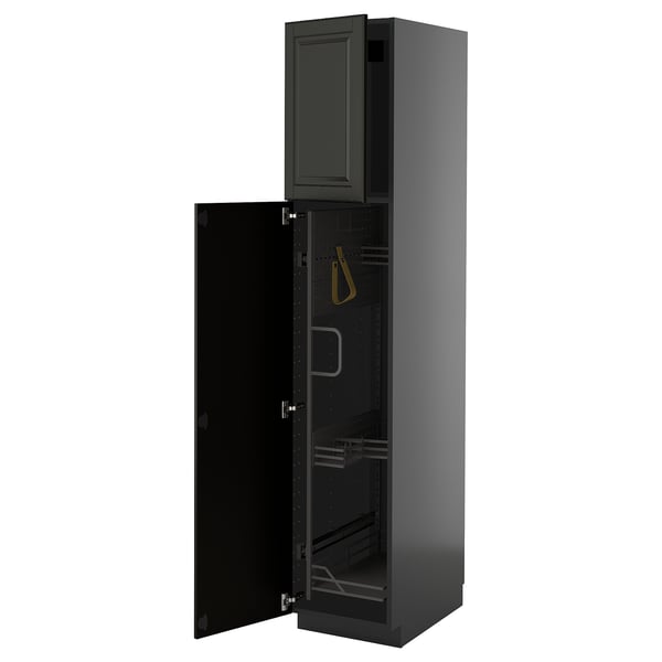 Tall black kitchen cabinet with one open door, metallic hinges, and inner shelves.