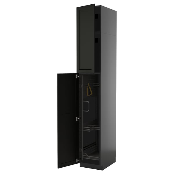 Black kitchen cabinet, tall, rectangular, modern, with doors open revealing interior.