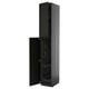 Black kitchen cabinet, tall, rectangular, modern, with doors open revealing interior.