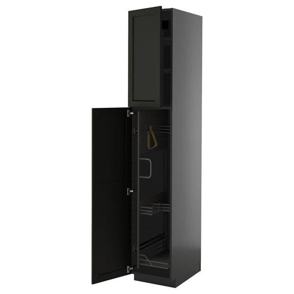 Black kitchen cabinet, tall and open, modern design with beveled edges.