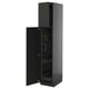 Black vertical storage cabinet with one open door revealing shelves inside. Modern design, sleek finish.