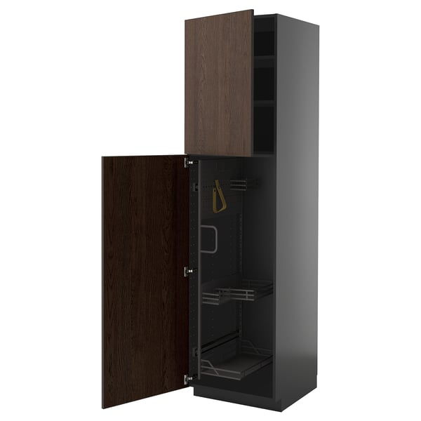 Modern tall storage cabinet with dark brown wood doors, open showing shelves and hanging accessory, sleek design.