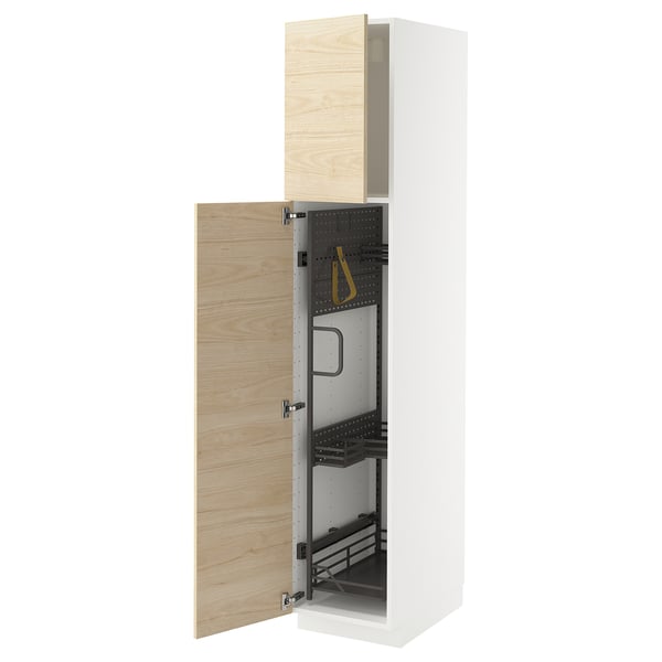 Modern white tall cabinet with light wood door open, revealing organised storage inside.