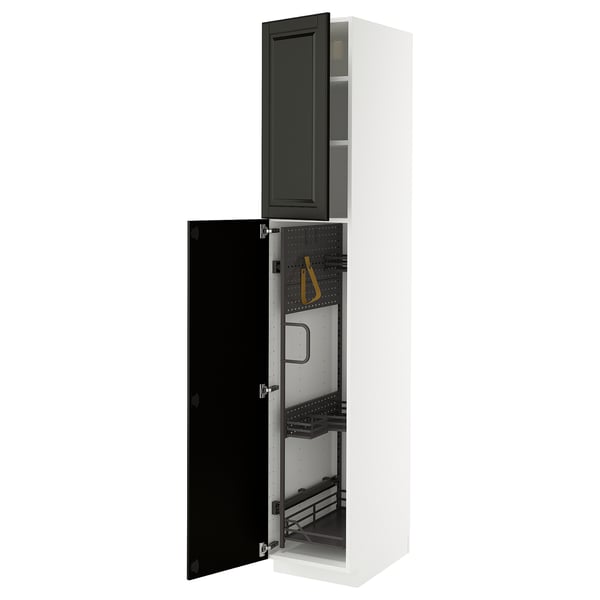 A white tall cabinet with black doors, open, revealing storage compartments. It a modern design with bevelled edges.
