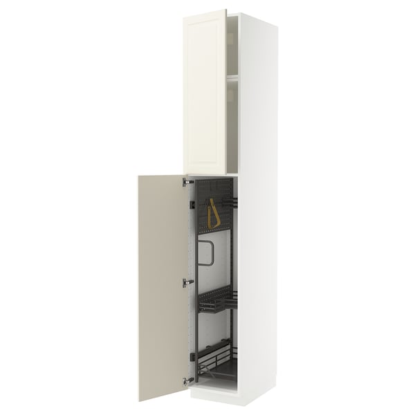 A METOD white kitchen cabinet with bodbyn off-white doors, featuring a pull-out organizer and a 25-year guarantee.