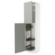 Modern light grey kitchen cabinet with open door and shelves inside.
