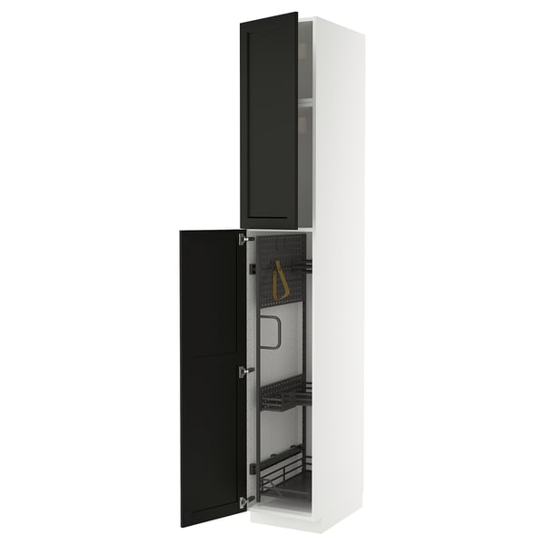 White METOD cabinet with black doors open, displaying storage shelves.