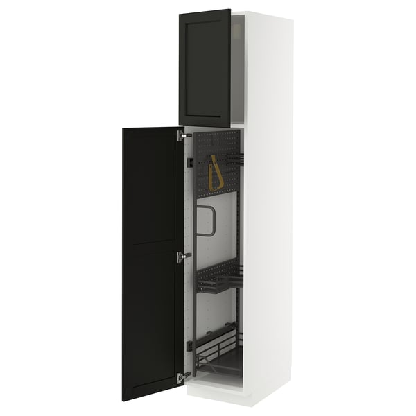 White METOD cabinet with black stained doors, beveled edges, pull-out organizers, and 25-year guarantee.