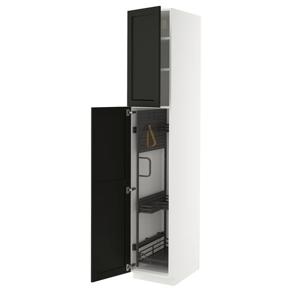 METOD kitchen cabinet: white, tall, with black stained ash doors, featuring pull-out organizers for storage.