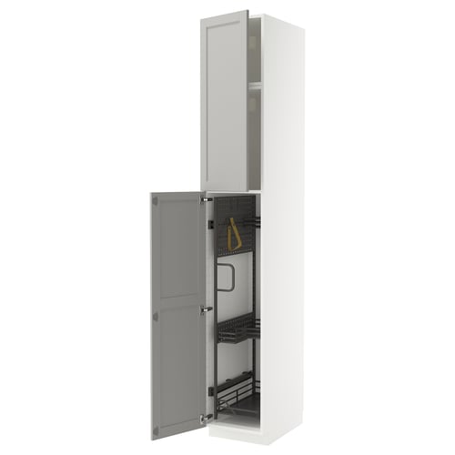 White METOD kitchen cabinet, light grey lerhyttan doors, bevelled edges, sturdy frame, pull-out organisers.