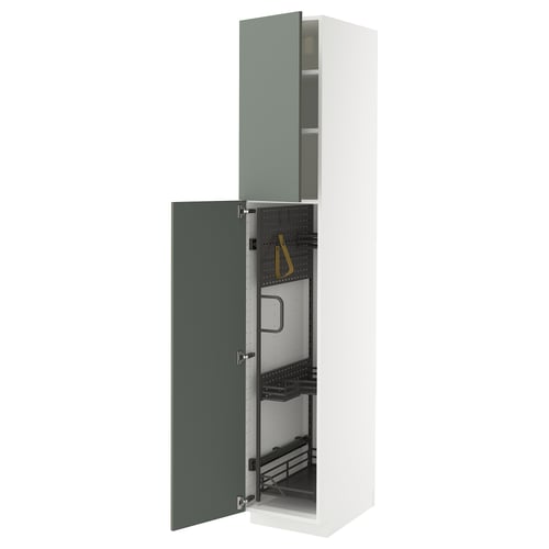 Tall white cabinet with green doors, open to show shelves and organizers.