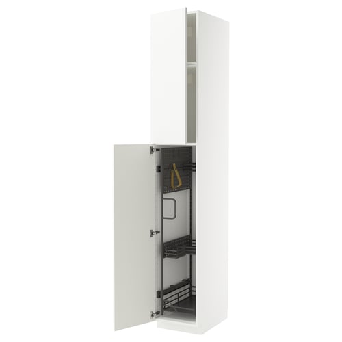 A METOD white high gloss kitchen cabinet with one door open, revealing storage solutions inside.