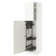 White METOD tall kitchen cabinet with pull-out organizers and snap-on hinges.
