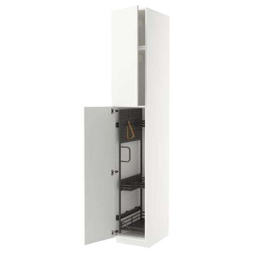A white METOD kitchen cabinet with one door open, revealing storage organizers.