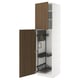 A white METOD kitchen cabinet with one door open. It modern walnut-colored doors and internal organizers.