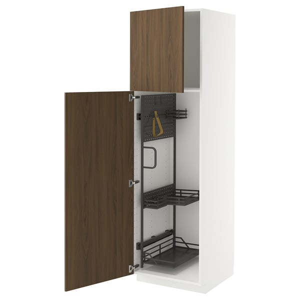 Walnut-colored METOD kitchen cabinet, wooden door, white interior, pull-out organisers.