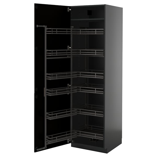Black, tall kitchen cabinet with pull-out shelves, sleek modern design.