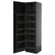 Black sleek tall cabinet with multiple inner shelves. Modern kitchen storage unit with black finish and metallic baskets.