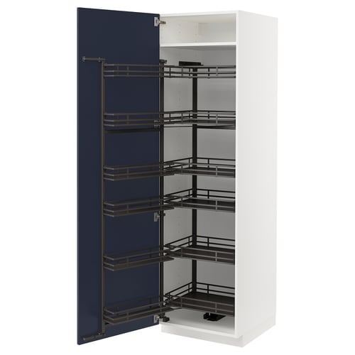 A white METOD kitchen cabinet with a blue door and multiple pull-out shelves.