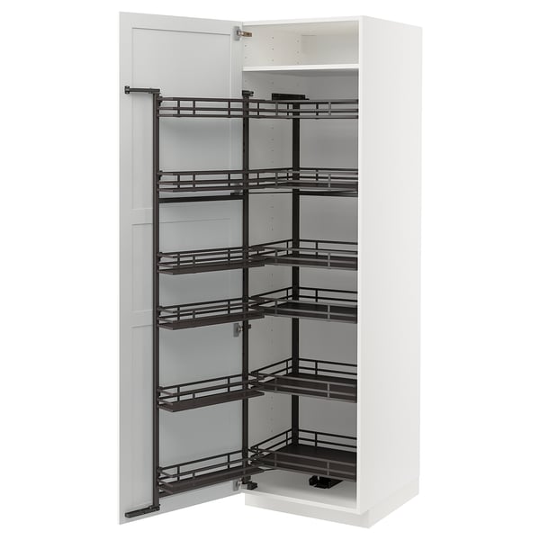 An open white METOD high cabinet with black pull-out shelves for kitchen storage.
