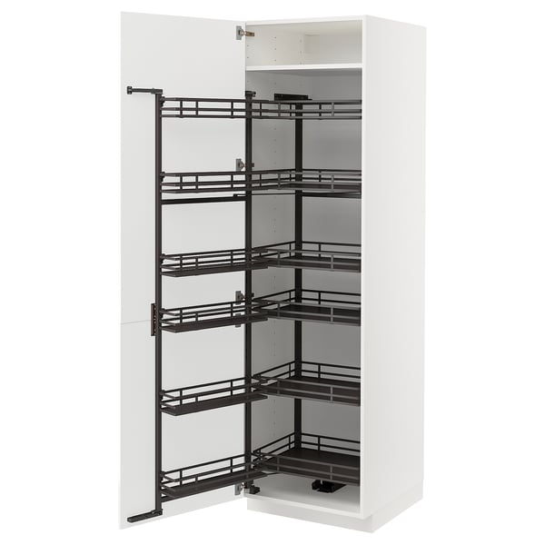 White METOD kitchen cabinet with black pull-out shelves. Modern, sleek design with glossy finish.