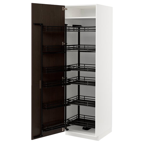 METOD kitchen: white cabinet, dark brown door, metal shelves, wood edging.