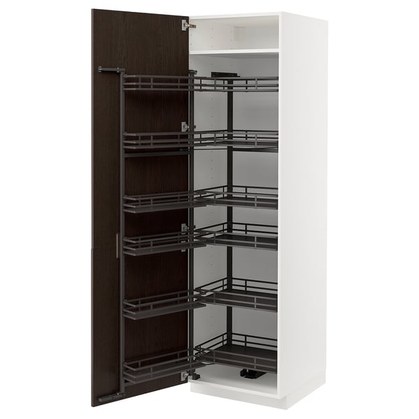White kitchen cabinet with dark brown wooden door, pull-out shelves, black steel racks.