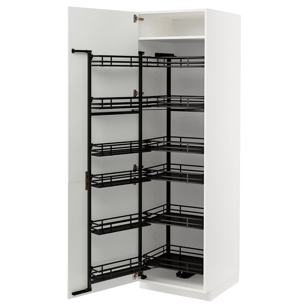 White METOD kitchen cabinet with black pull-out shelves.
