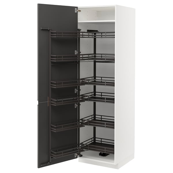 White and dark grey modern kitchen cabinet with multiple pull-out storage shelves, featuring sleek metal handles and a slim, rectangular shape.