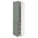 A tall, modern cabinet with a white frame and greenish-gray doors. It has multiple shelves inside, perfect for storage.