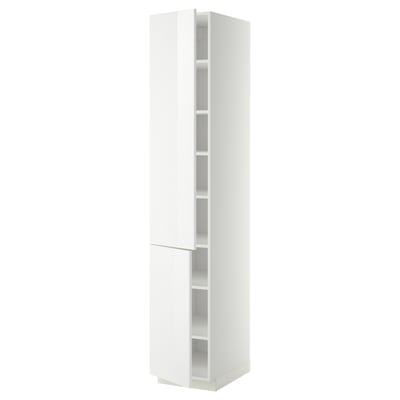 White METOD tall cabinet with glossy finish and adjustable shelves.