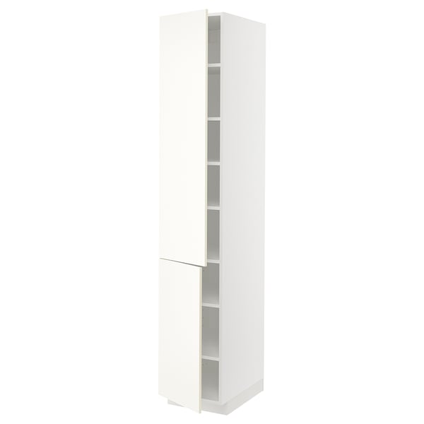 White METOD tall storage cabinet with open shelves.