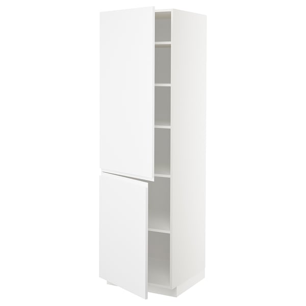 White METOD tall kitchen cabinet with double doors and adjustable shelves. Minimalist design with integrated handles.