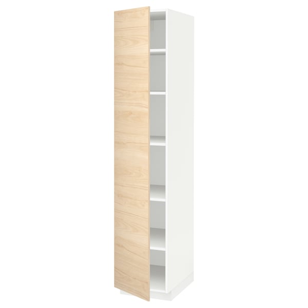 Ikea METOD white tall cabinet with light wooden door, adjustable shelves, modern design.