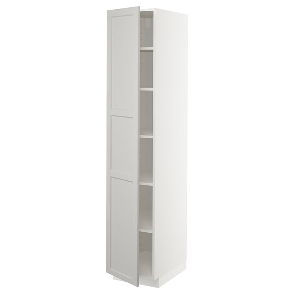 Tall white cabinet with light grey doors, adjustable shelves, clean design.
