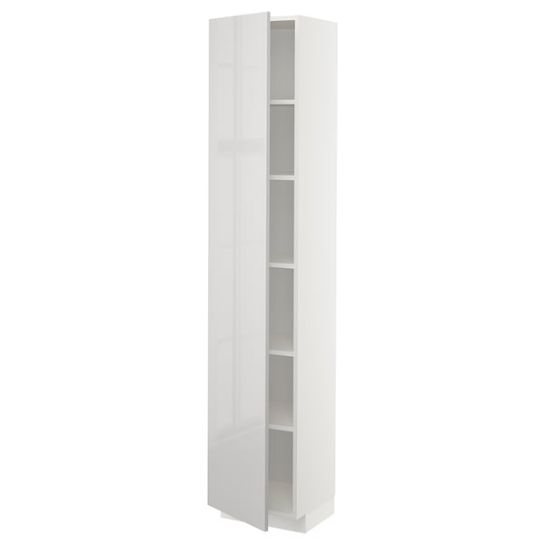 White high gloss kitchen cabinet; tall, rectangular, adjustable shelves.