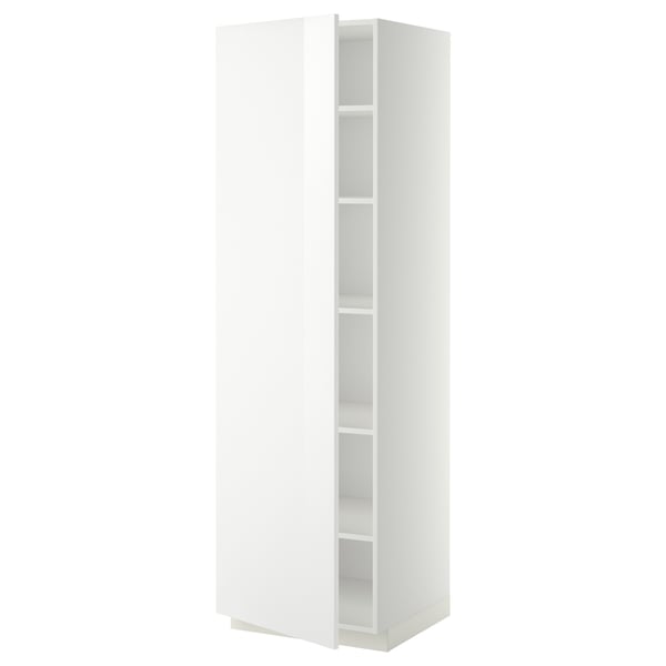 White METOD tall kitchen cabinet with high gloss finish and adjustable shelves.