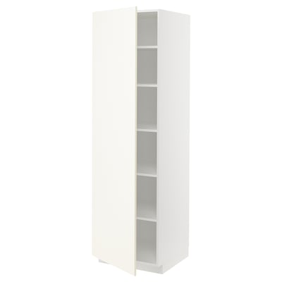 White ikea METOD kitchen cabinet with open door and shelves.