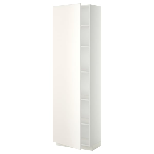 White modern tall storage cabinet, minimalist design, smooth surfaces, adjustable shelves.