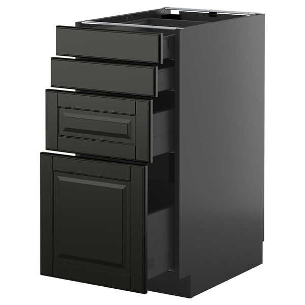 Modern black kitchen unit with sleek design featuring 3 drawers and 2 cabinets, part of the METOD system.